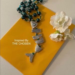 Silver Fish Pendant, Teal Glass Beads, Jointed Fish, Religious IDEA (The Chosen)